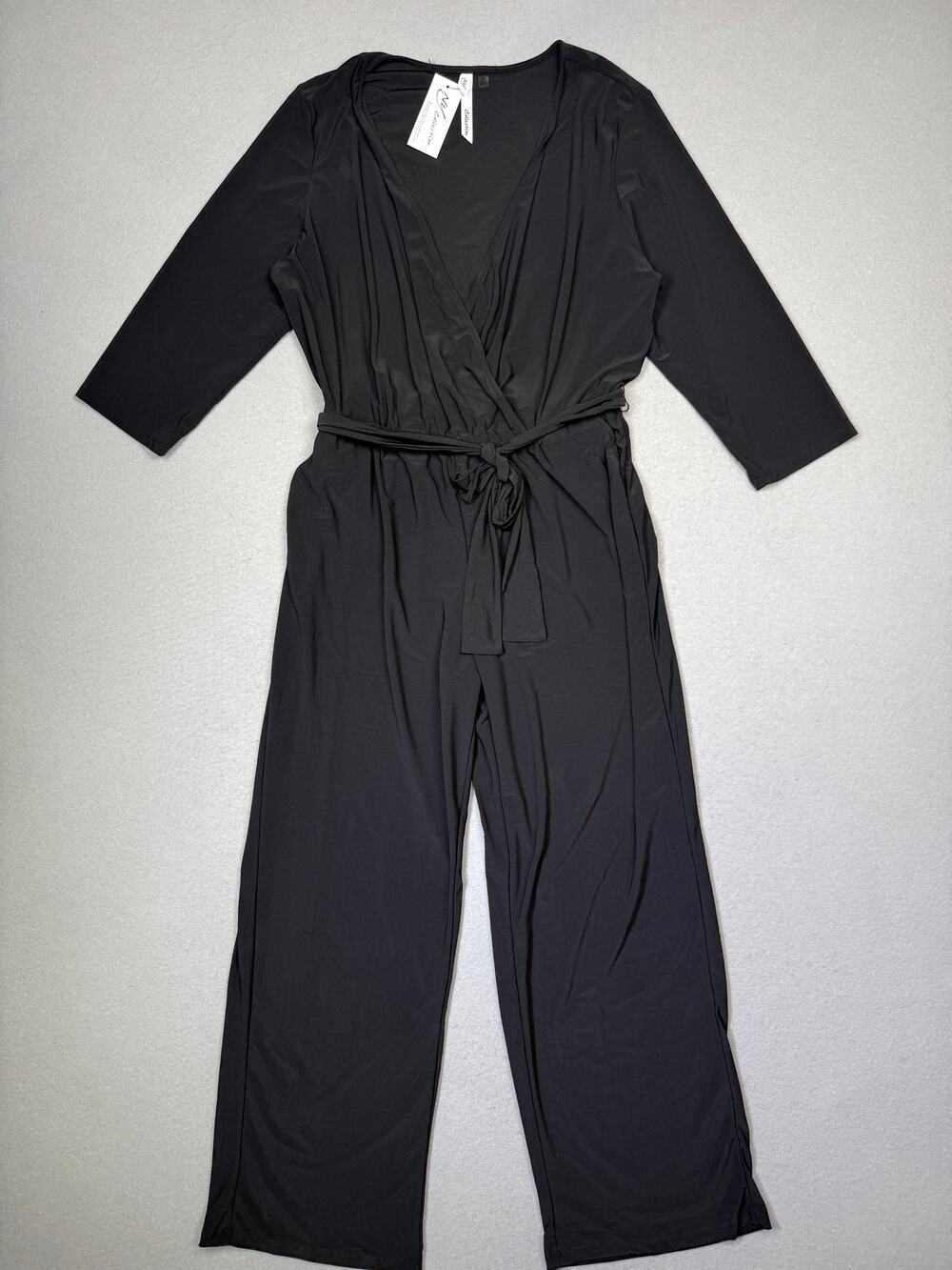 NY Collection Petite 3/4 Sleeve Belted Wide Leg Jumpsuit Black PXL $65